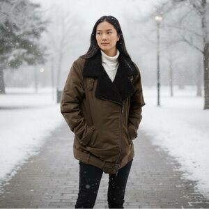 Express Olive Black Fleece Asymmetrical Bomber Jacket